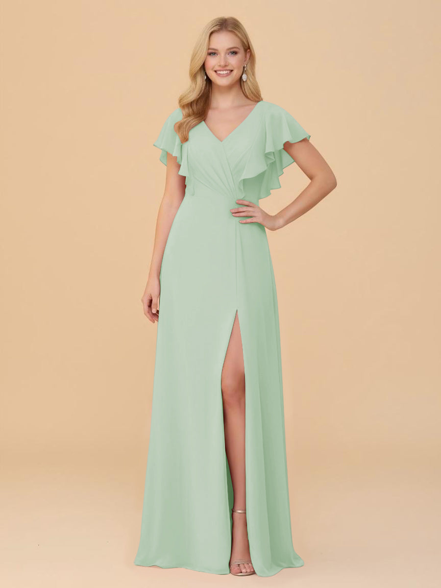Short Sleeves V Neck Chiffon Bridesmaid Dresses with Slit