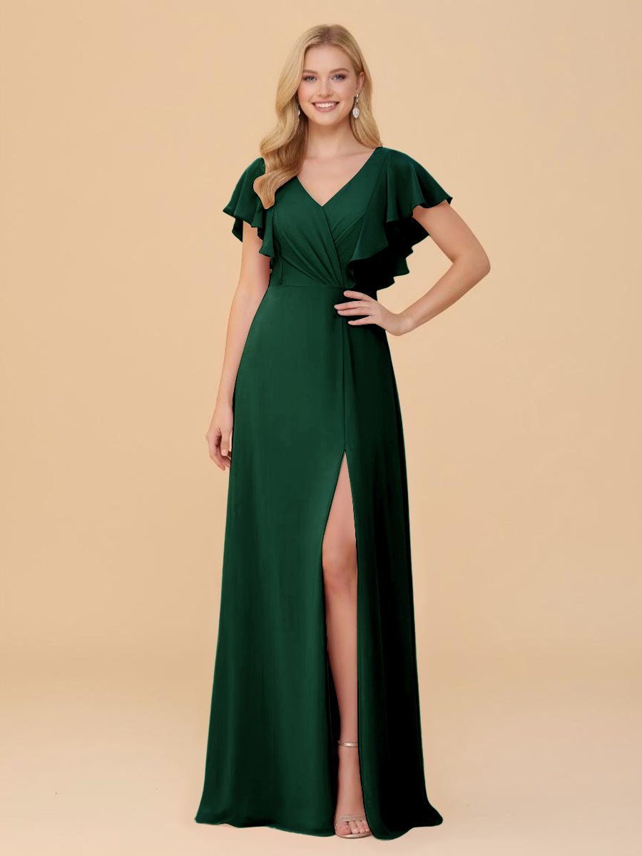 Short Sleeves V Neck Chiffon Bridesmaid Dresses with Slit
