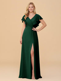 Short Sleeves V Neck Chiffon Bridesmaid Dresses with Slit