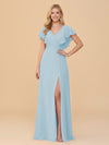 Short Sleeves V Neck Chiffon Bridesmaid Dresses with Slit