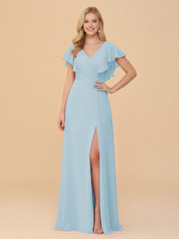 Short Sleeves V Neck Chiffon Bridesmaid Dresses with Slit
