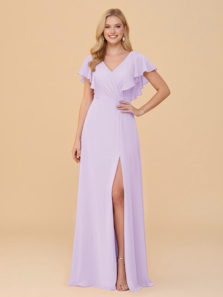 Short Sleeves V Neck Chiffon Bridesmaid Dresses with Slit