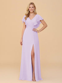 Short Sleeves V Neck Chiffon Bridesmaid Dresses with Slit