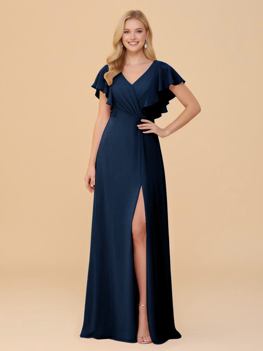Short Sleeves V Neck Chiffon Bridesmaid Dresses with Slit