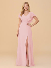 Short Sleeves V Neck Chiffon Bridesmaid Dresses with Slit