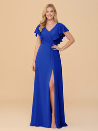 Short Sleeves V Neck Chiffon Bridesmaid Dresses with Slit
