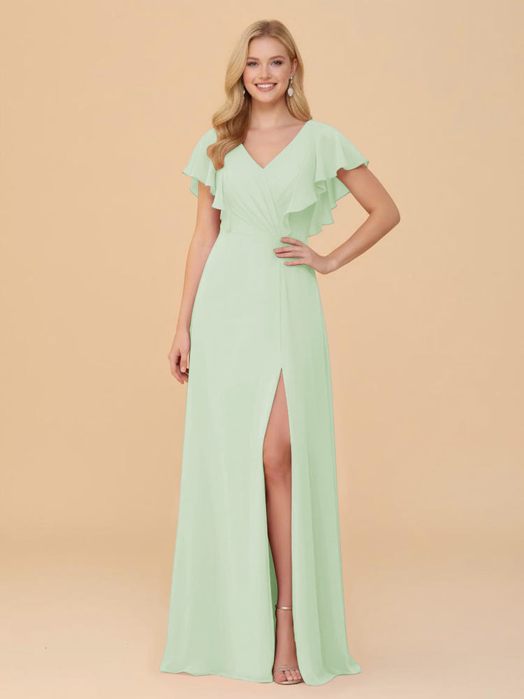 Short Sleeves V Neck Chiffon Bridesmaid Dresses with Slit