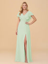 Short Sleeves V Neck Chiffon Bridesmaid Dresses with Slit
