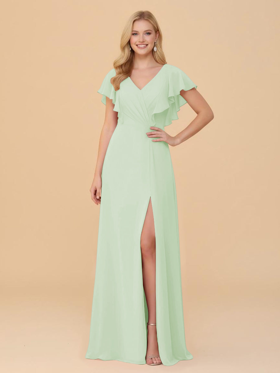 Short Sleeves V Neck Chiffon Bridesmaid Dresses with Slit