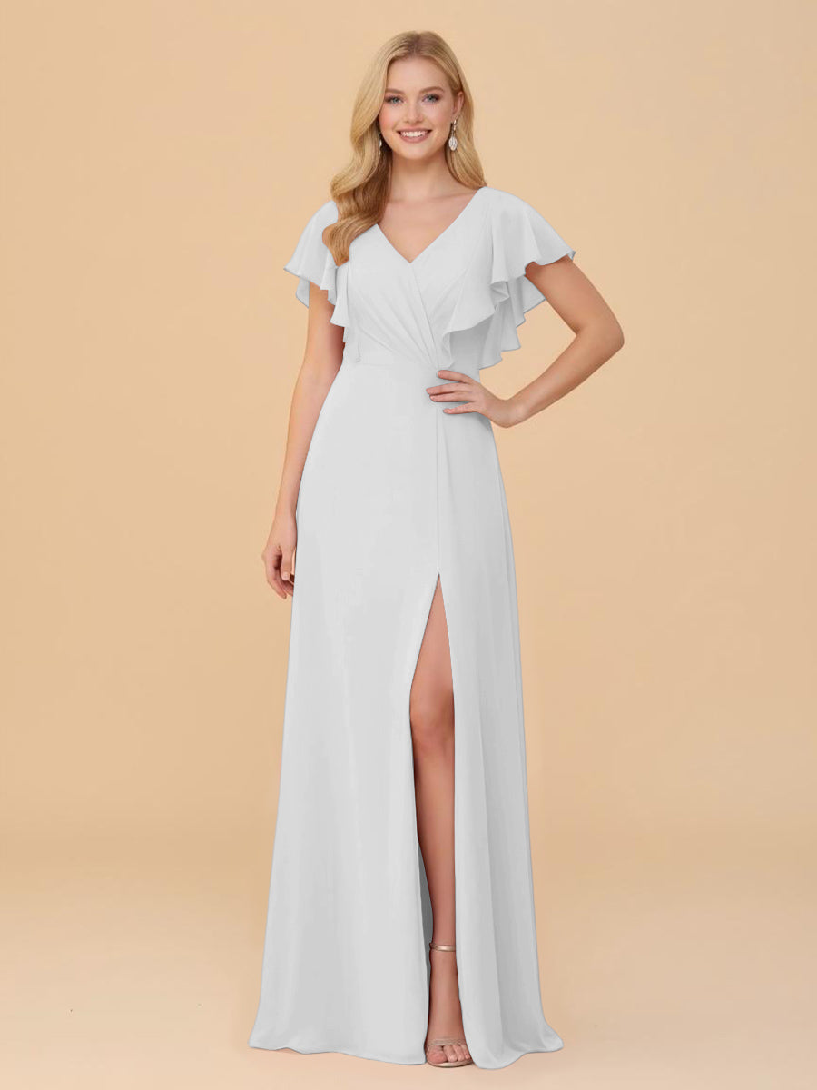 Short Sleeves V Neck Chiffon Bridesmaid Dresses with Slit