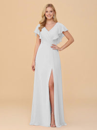 Short Sleeves V Neck Chiffon Bridesmaid Dresses with Slit
