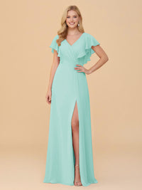 Short Sleeves V Neck Chiffon Bridesmaid Dresses with Slit