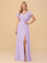 Short Sleeves V Neck Chiffon Bridesmaid Dresses with Slit
