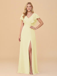 Short Sleeves V Neck Chiffon Bridesmaid Dresses with Slit