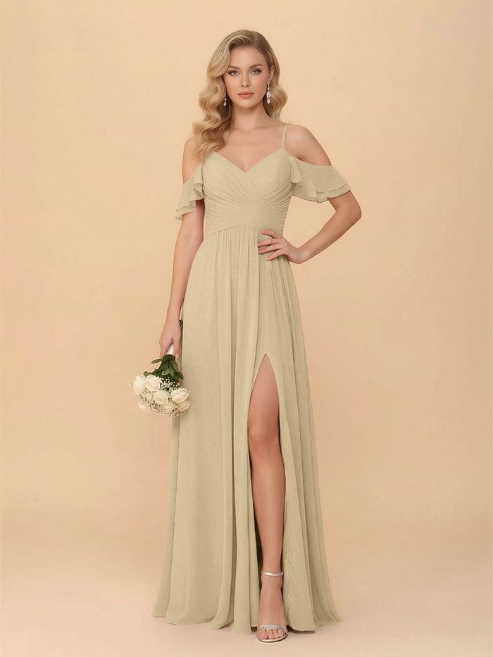 Off the Shoulder Chiffon Bridesmaid Dresses with Slit