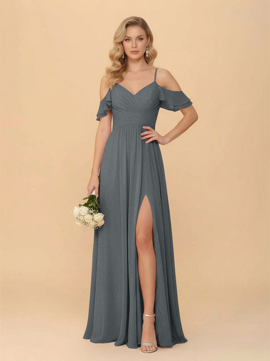 Off the Shoulder Chiffon Bridesmaid Dresses with Slit