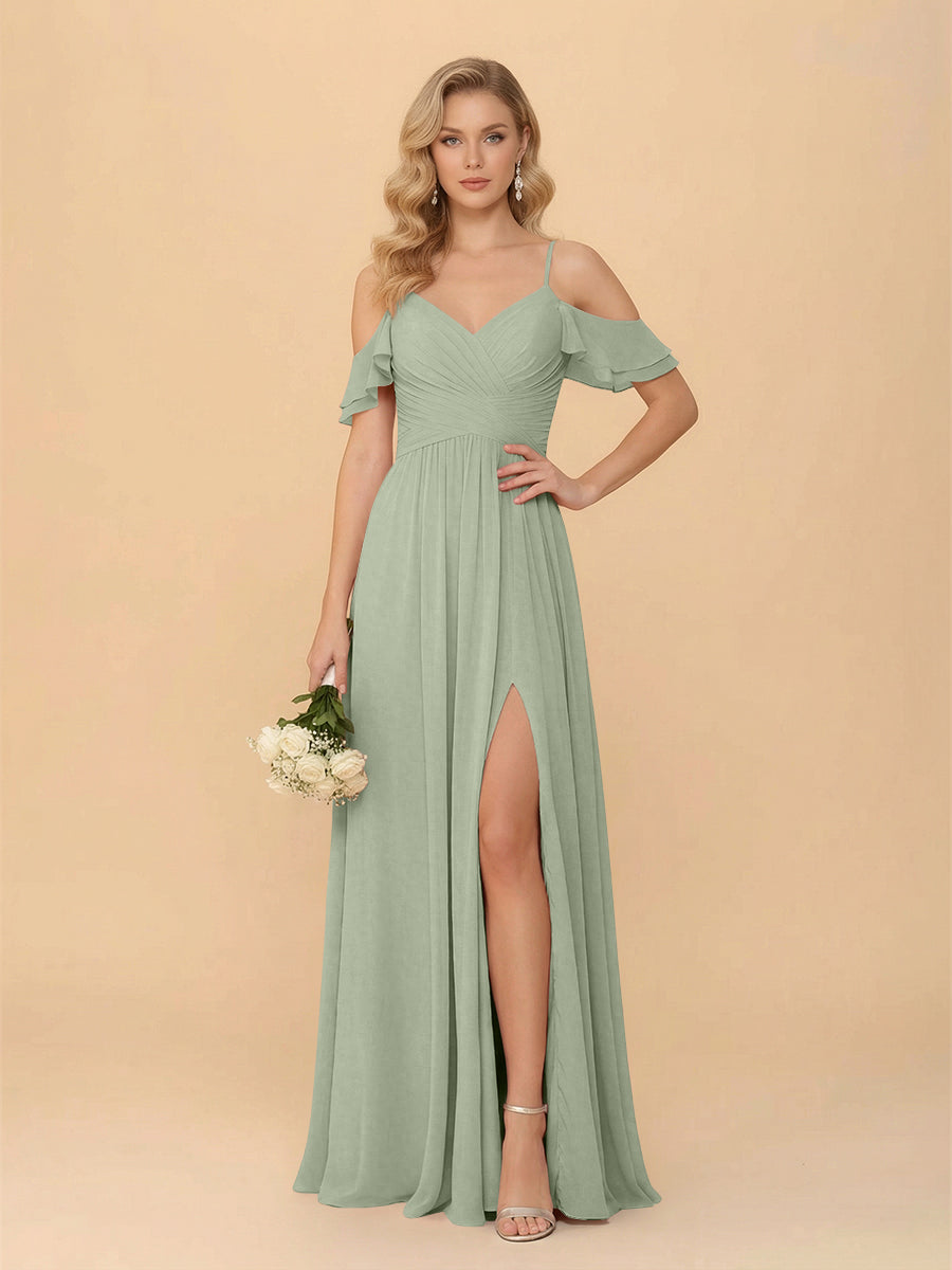 Off the Shoulder Chiffon Bridesmaid Dresses with Slit
