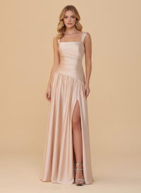 Spaghetti Straps Satin Bridesmaid Dresses with Slit