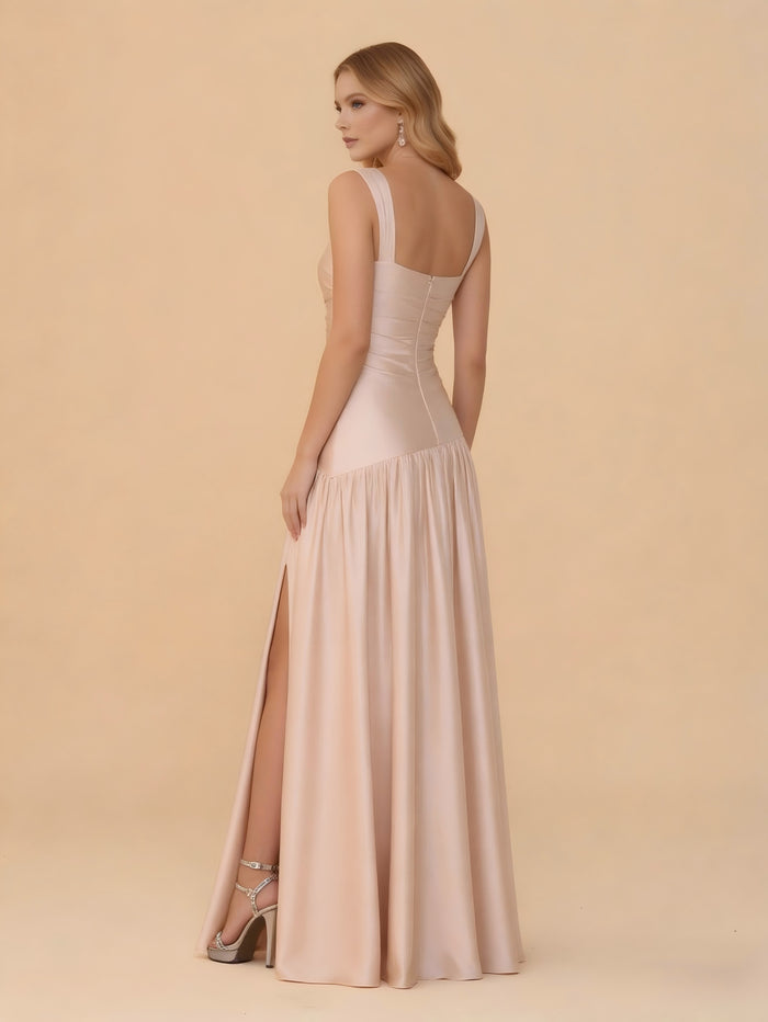Spaghetti Straps Satin Bridesmaid Dresses with Slit
