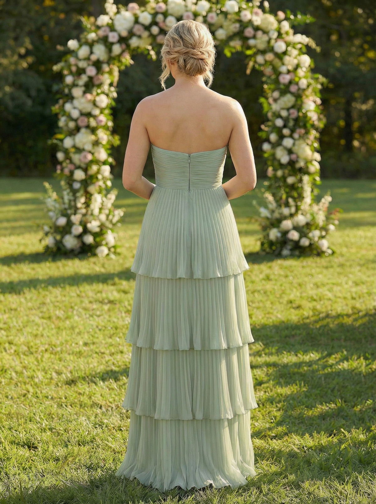 Chiffon A Line Strapless Tiered Bridesmaid Dresses