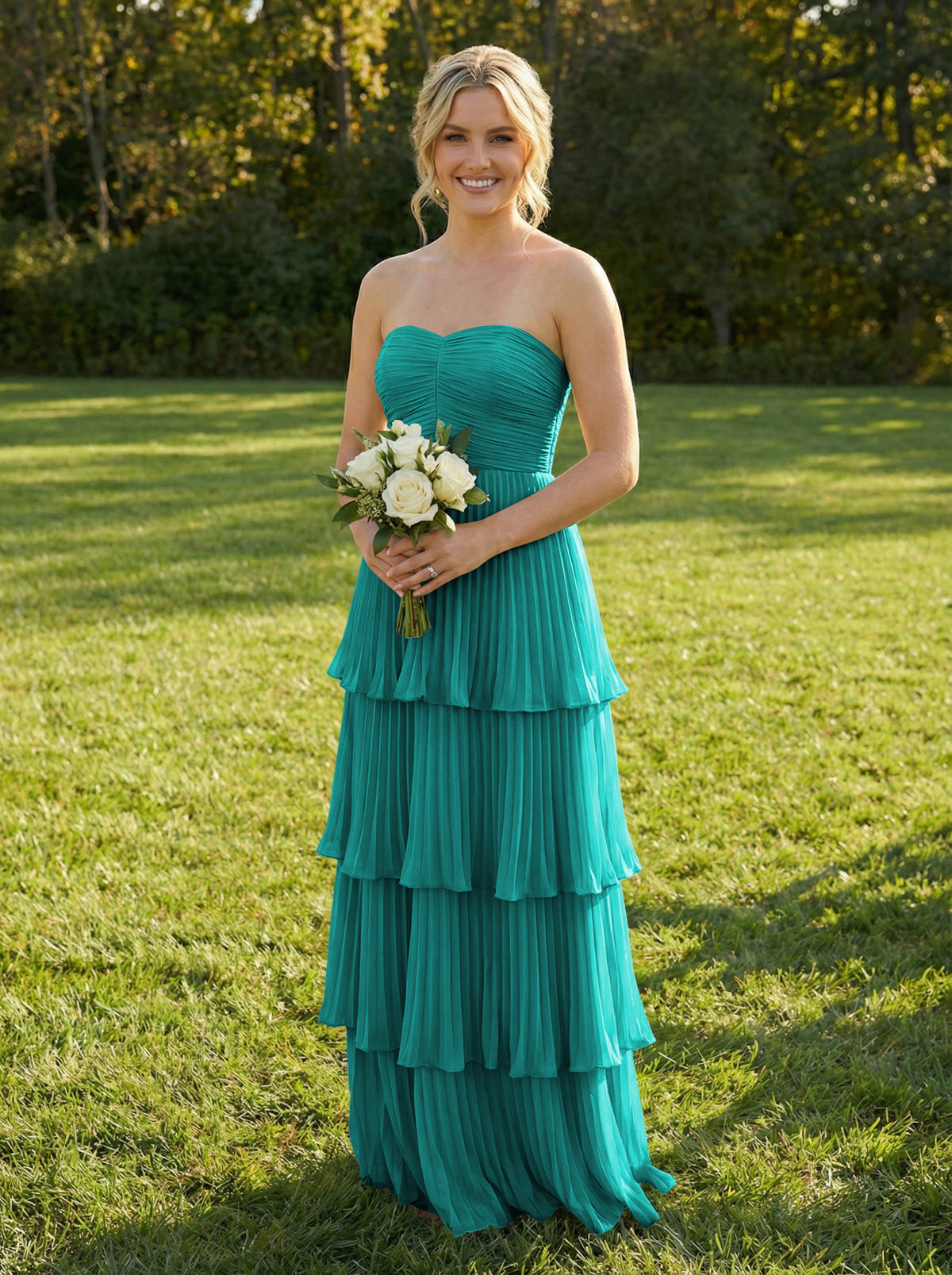 Chiffon A Line Strapless Tiered Bridesmaid Dresses