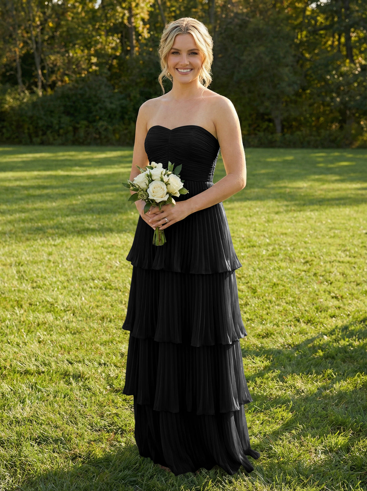 Chiffon A Line Strapless Tiered Bridesmaid Dresses