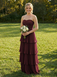 Chiffon A Line Strapless Tiered Bridesmaid Dresses