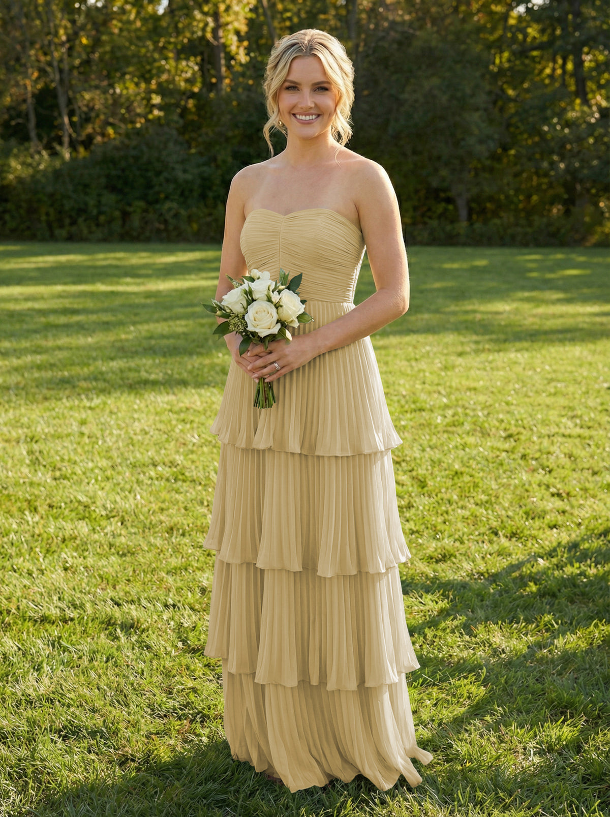 Chiffon A Line Strapless Tiered Bridesmaid Dresses