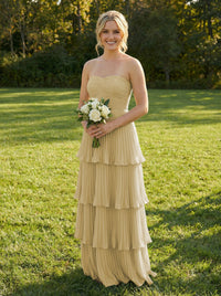 Chiffon A Line Strapless Tiered Bridesmaid Dresses
