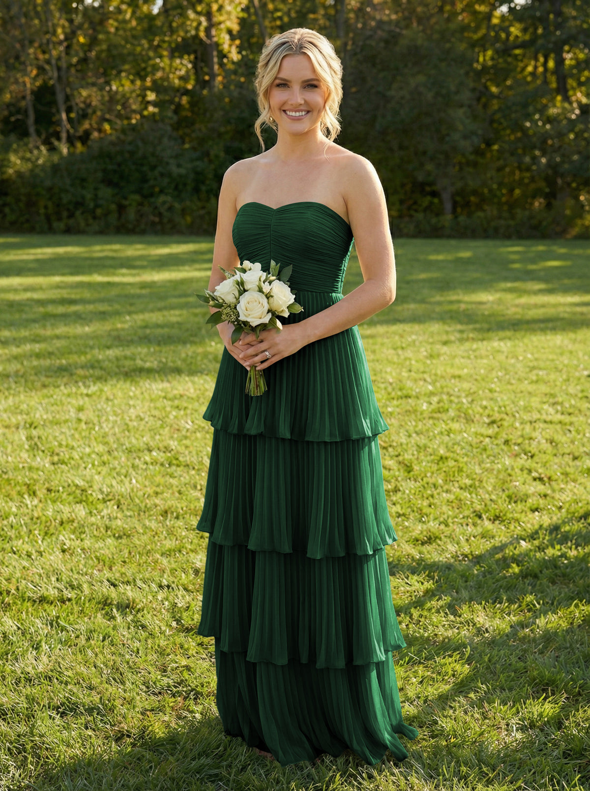 Chiffon A Line Strapless Tiered Bridesmaid Dresses