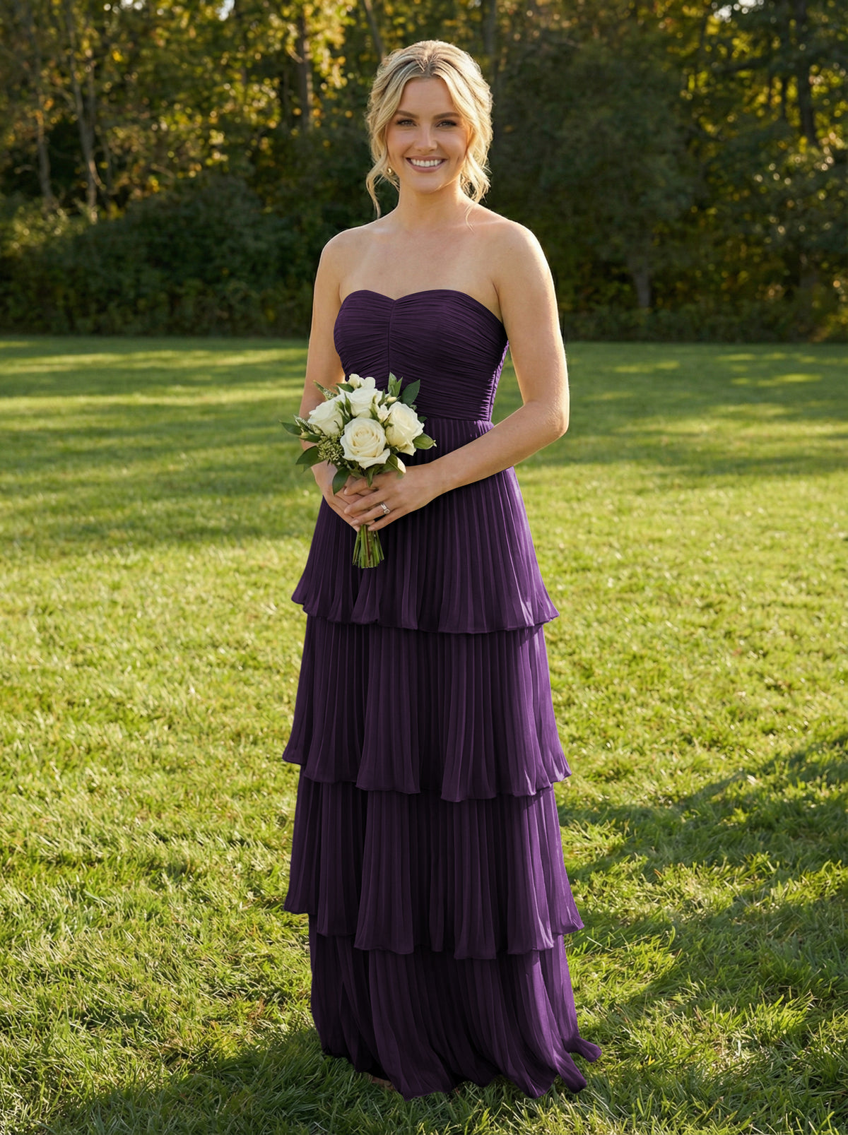 Chiffon A Line Strapless Tiered Bridesmaid Dresses