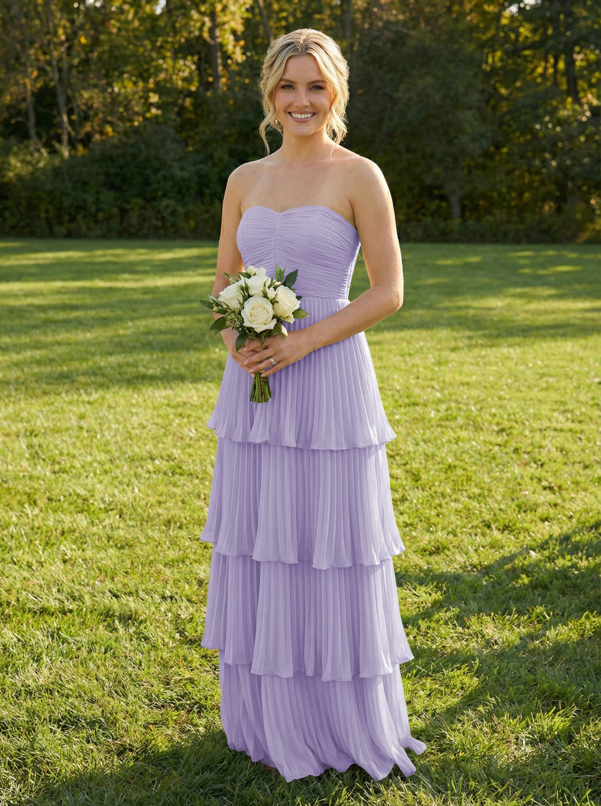 Chiffon A Line Strapless Tiered Bridesmaid Dresses