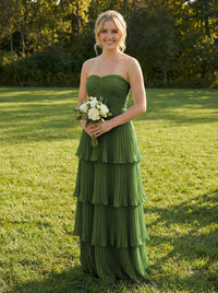 Chiffon A Line Strapless Tiered Bridesmaid Dresses