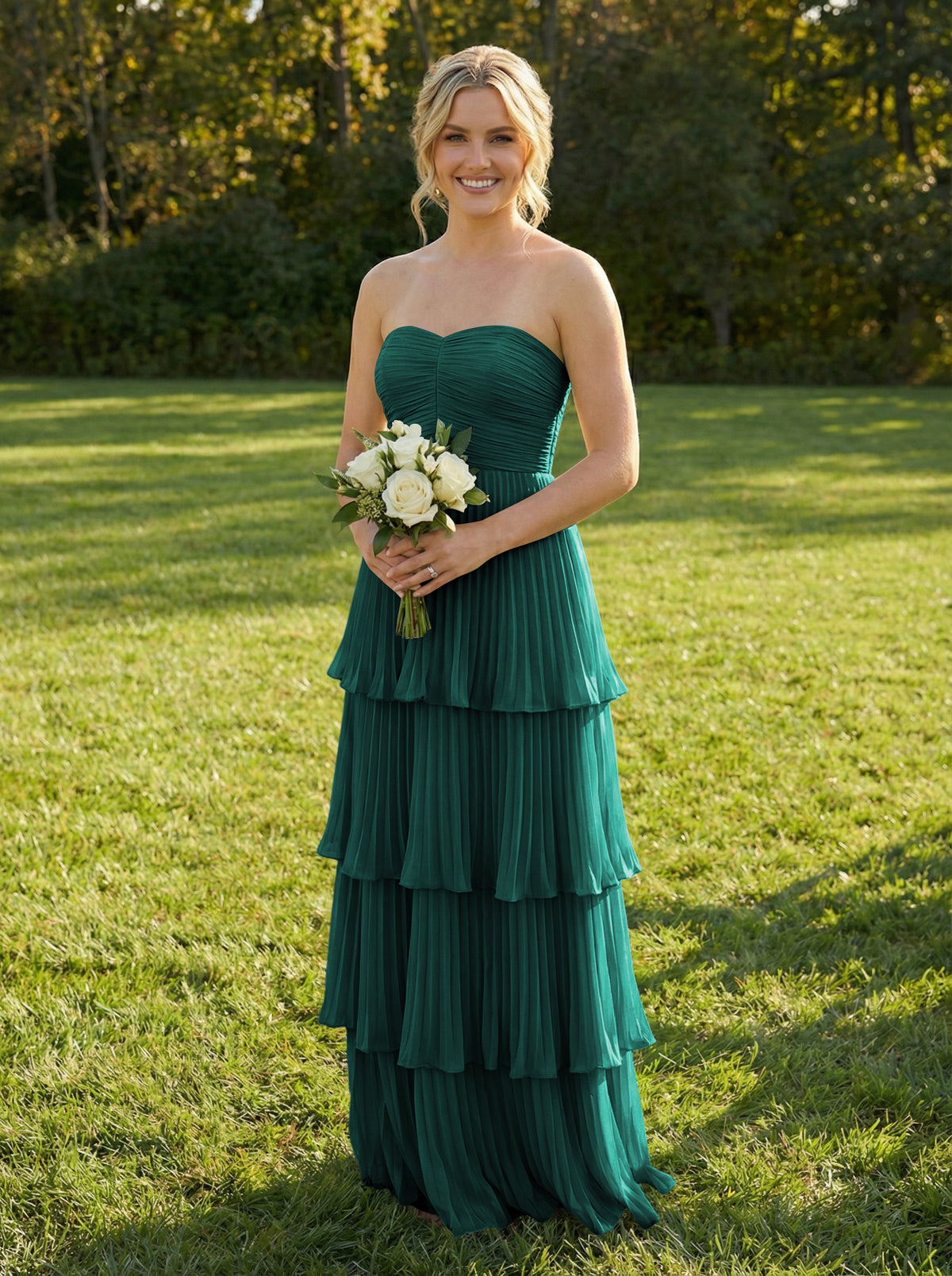 Chiffon A Line Strapless Tiered Bridesmaid Dresses