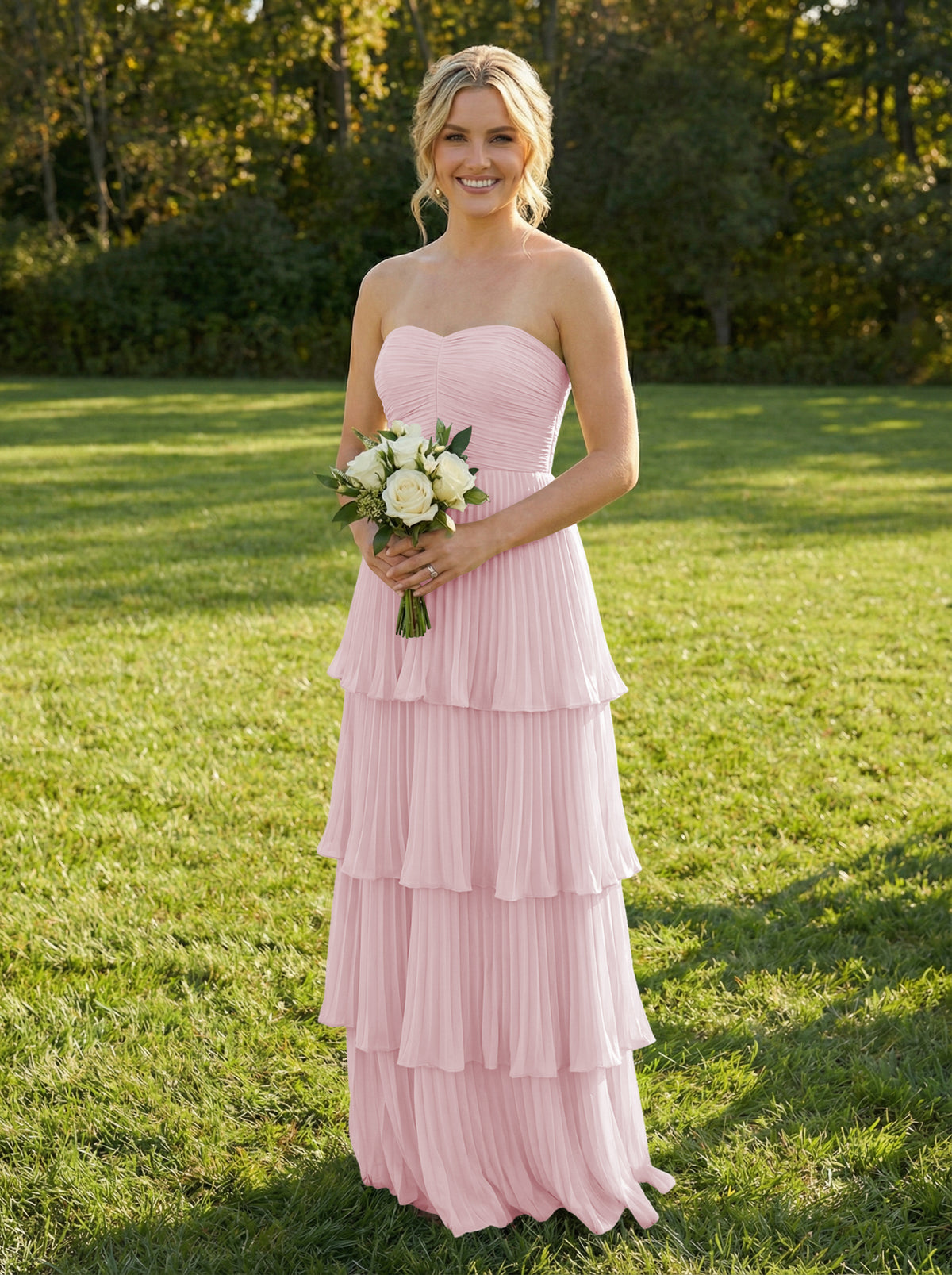 Chiffon A Line Strapless Tiered Bridesmaid Dresses