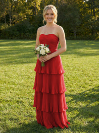 Chiffon A Line Strapless Tiered Bridesmaid Dresses