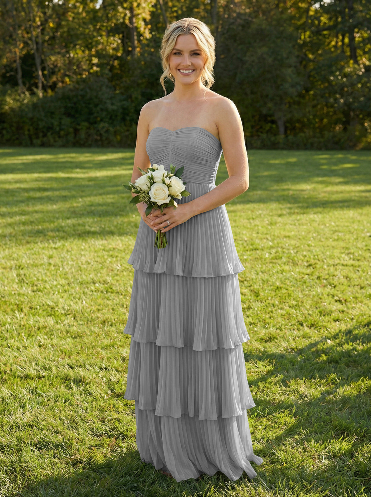 Chiffon A Line Strapless Tiered Bridesmaid Dresses