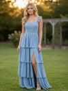 Chiffon A Line Square Neck Tiered Bridesmaid Dresses