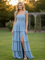 Chiffon A Line Square Neck Tiered Bridesmaid Dresses