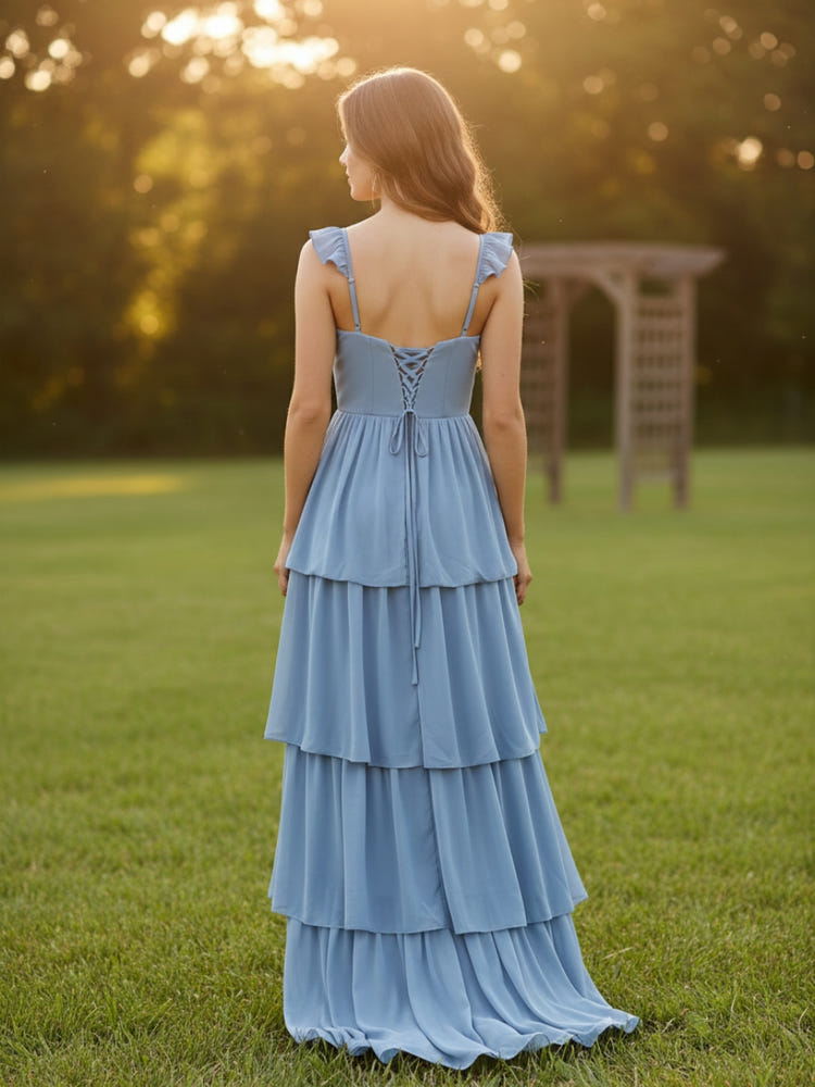 Chiffon A Line Square Neck Tiered Bridesmaid Dresses