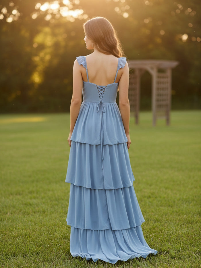 Chiffon A Line Square Neck Tiered Bridesmaid Dresses