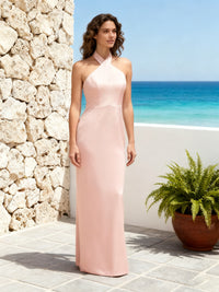 Satin Sheath Halter Slit Bridesmaid Dresses