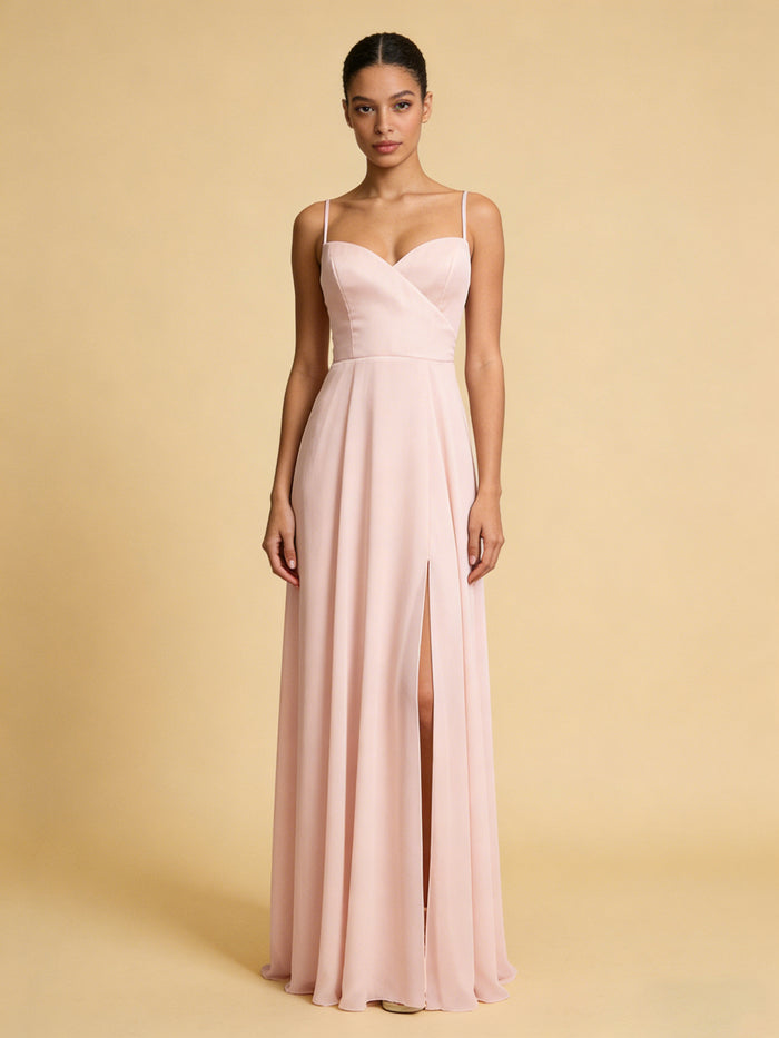 Chiffon A Line Spaghetti Straps Side Slit Bridesmaid Dresses