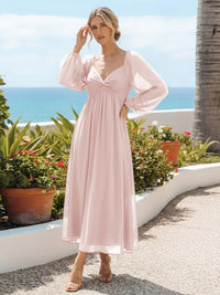 Chiffon A Line Pleated Bridesmaid Dresses with Long Sleeves
