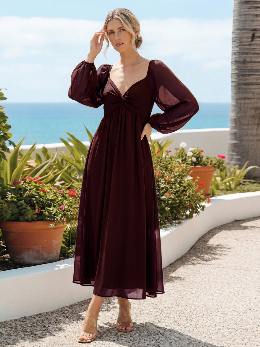 Chiffon A Line Pleated Bridesmaid Dresses with Long Sleeves