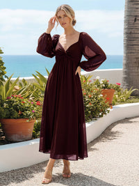 Chiffon A Line Pleated Bridesmaid Dresses with Long Sleeves