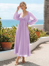 Chiffon A Line Pleated Bridesmaid Dresses with Long Sleeves
