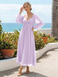 Chiffon A Line Pleated Bridesmaid Dresses with Long Sleeves