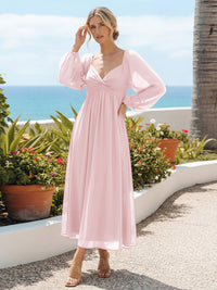 Chiffon A Line Pleated Bridesmaid Dresses with Long Sleeves