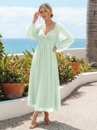 Chiffon A Line Pleated Bridesmaid Dresses with Long Sleeves